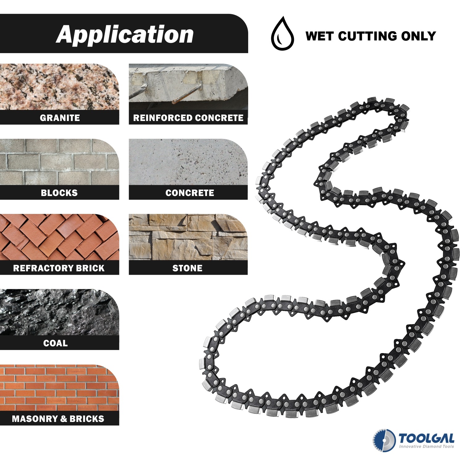 concrete blade Diamond chain applications: granite, reinforced concrete, blocks, concrete, refractory brick, stone, coal, masonry and bricks – wet cutting only