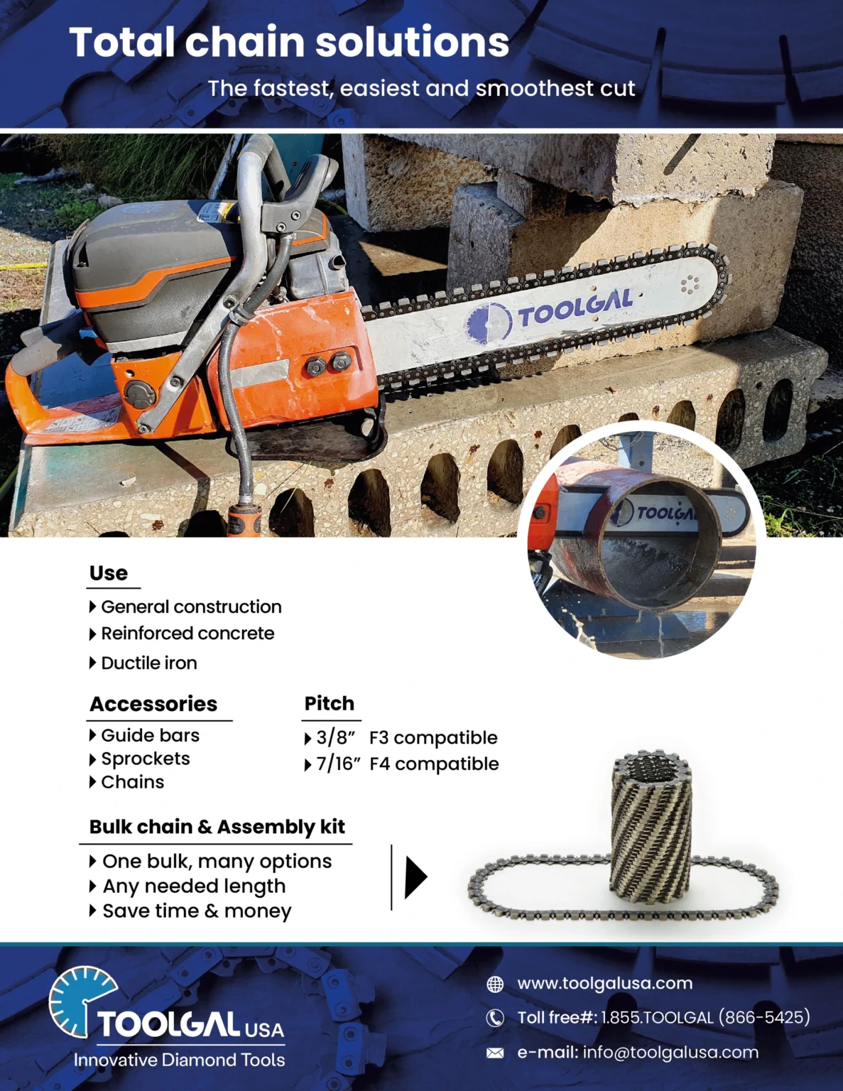 Toolgal USA catalog page – Total chain solutions: diamond chains, guide bars, sprockets, 3/8" F3 and 7/16" F4 pitch, bulk chain and assembly kit