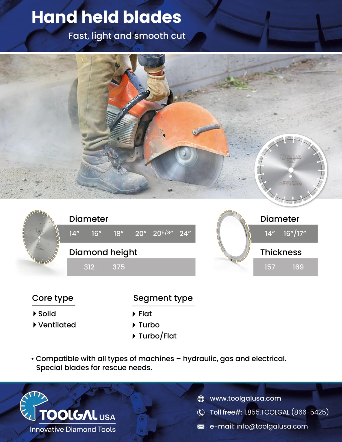 Toolgal USA catalog page – hand-held diamond saw blades for hydraulic, gas and electric machines