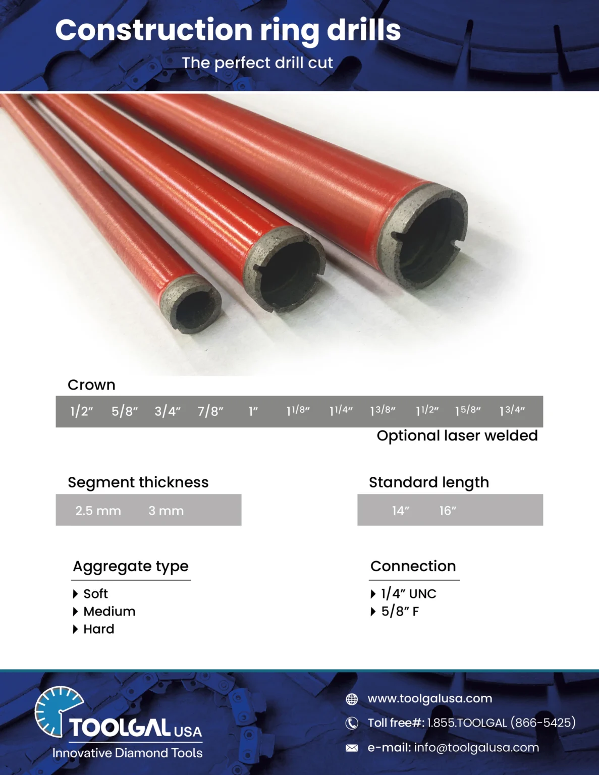 Toolgal USA catalog page – Construction ring drills: crown diameters 3/4 in to 1-3/4 in, segment thickness, standard length and connections