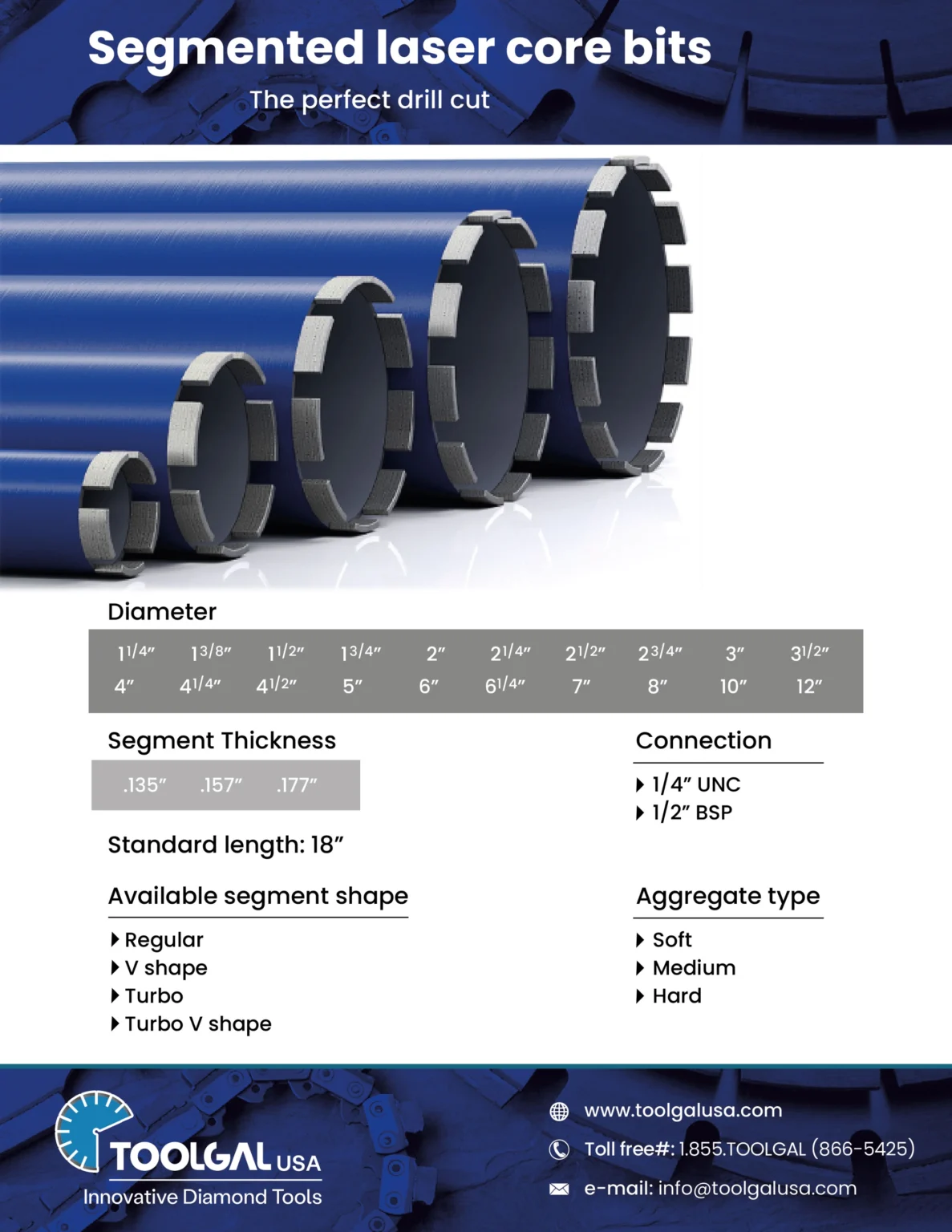 Toolgal USA catalog page – Segmented laser core bits: diameters, segment thickness, 18 in standard length, connections and aggregate types